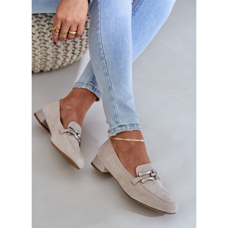 Jezzi Moccasins with an ornament on a delicate heel eco suede light beige 2