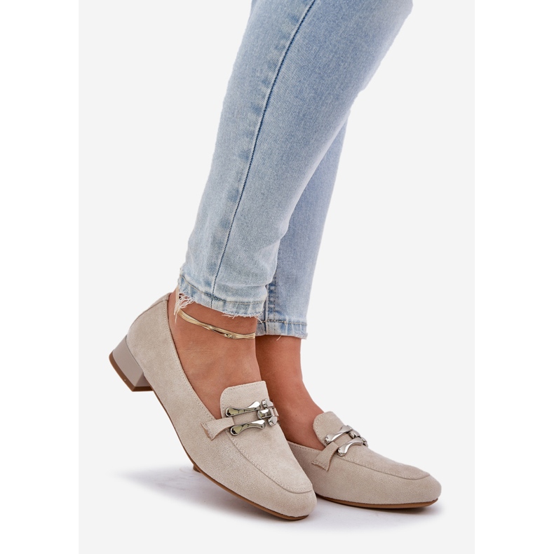Jezzi Moccasins with an ornament on a delicate heel eco suede light beige 1