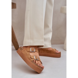 Women's slippers on a massive platform with Camel buckles beige 2