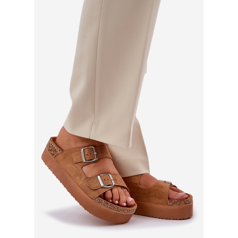 Women's slippers on a massive platform with Camel buckles beige 1