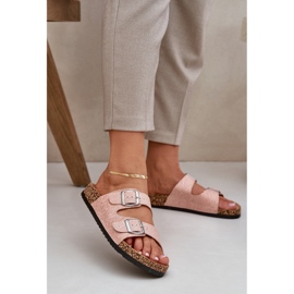 Material flip -flops on a cork sole with pink buckles 2
