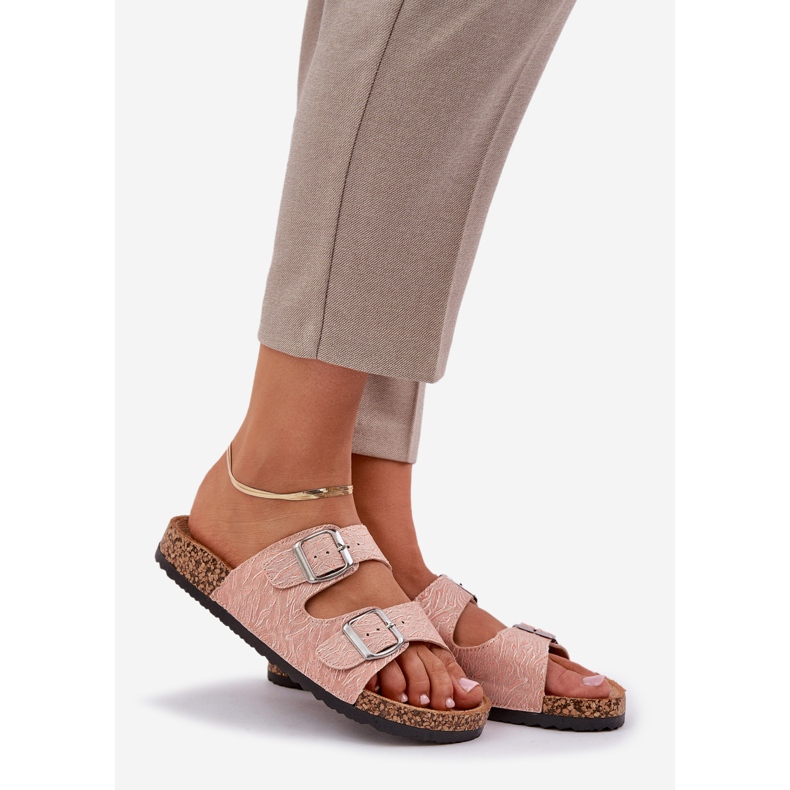 Material flip -flops on a cork sole with pink buckles 1