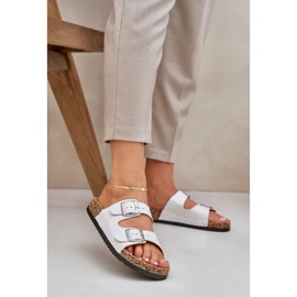 Material flip flops on a cork sole with clamps light gray white 2