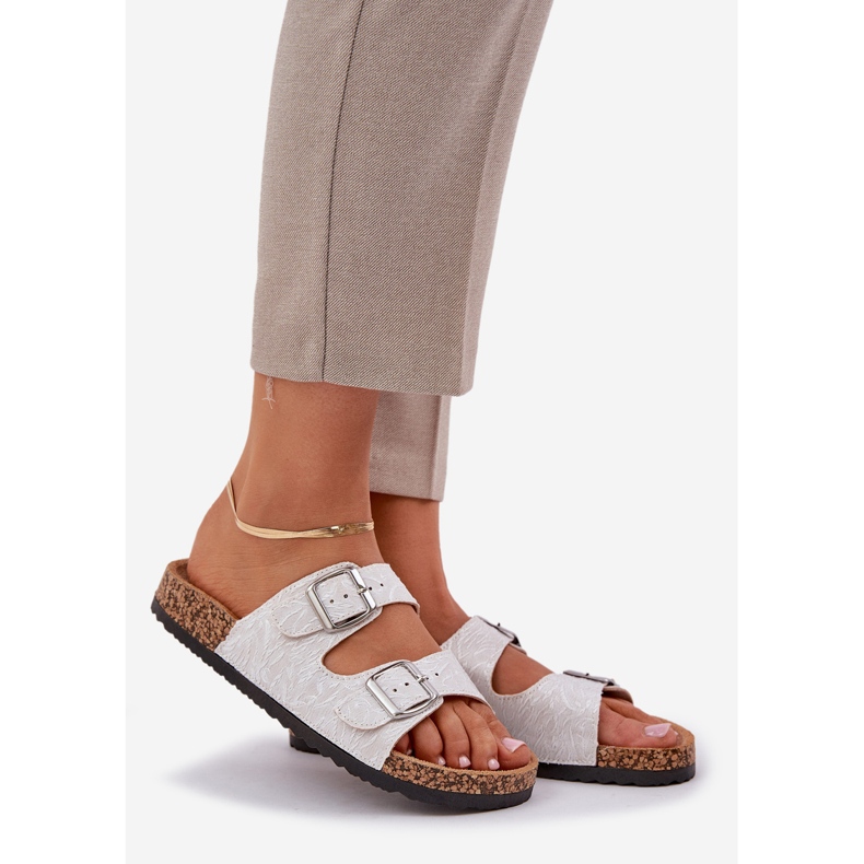 Material flip flops on a cork sole with clamps light gray white 1