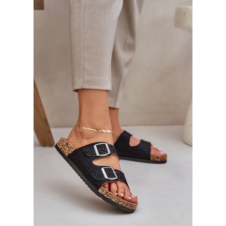 Material flip flops on a cork sole with black clamps 2