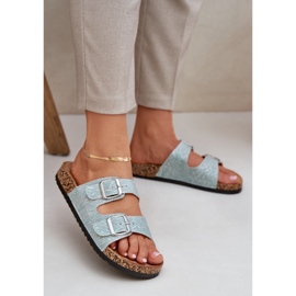 Material flip -flops on a cork sole with mint buckles green 2