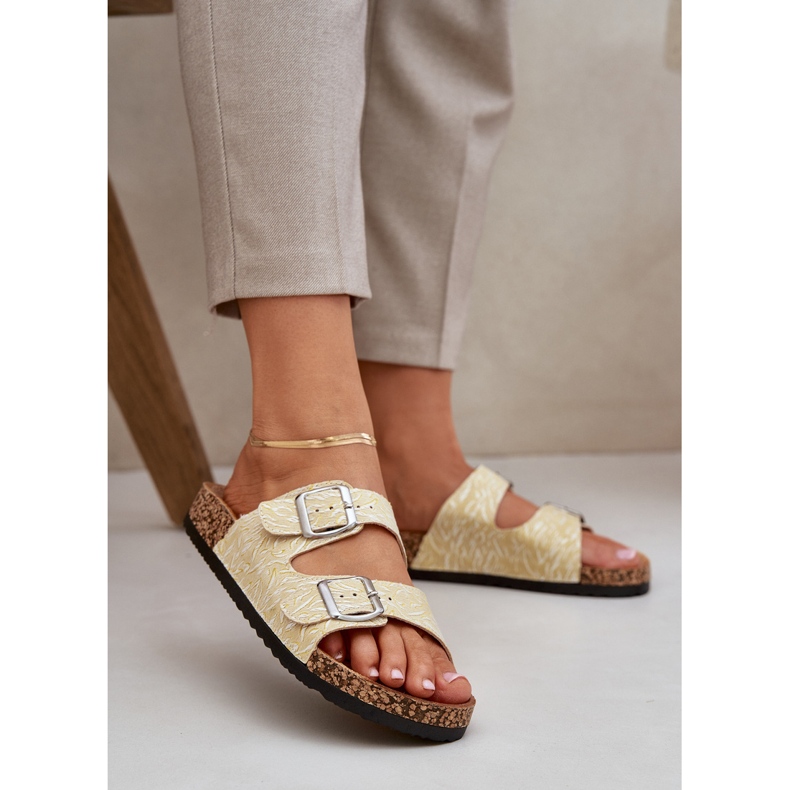 Material flip flops on a cork sole with buckles yellow 2