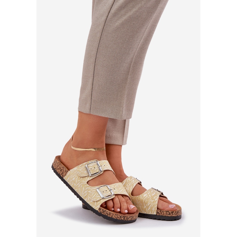 Material flip flops on a cork sole with buckles yellow 1