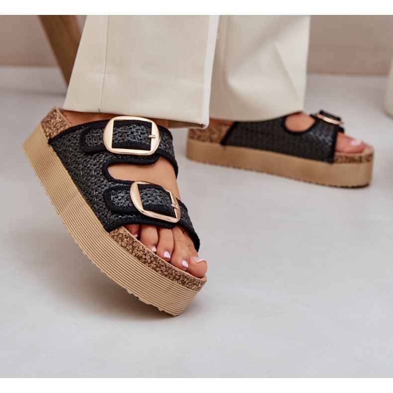 Slippers with braid and buckles on the massive platform black 2