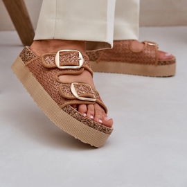 Slippers with braid and buckles on the massive Camel platform beige 2