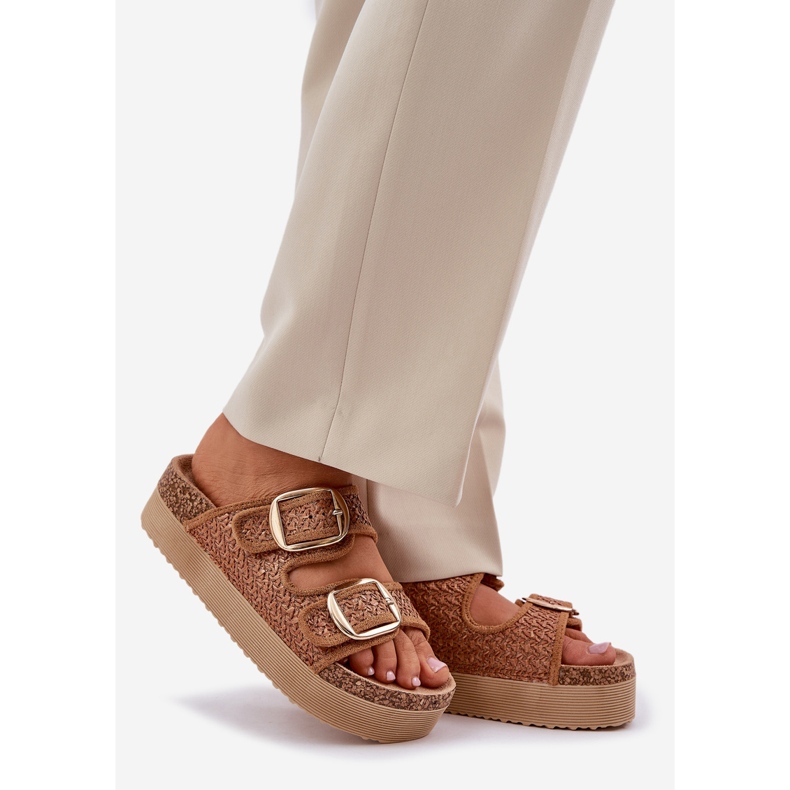 Slippers with braid and buckles on the massive Camel platform beige 1