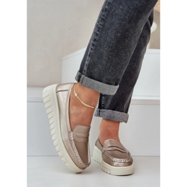 Women's openwork leather loafers on the platform and champagne wedges golden 2