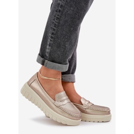 Women's openwork leather loafers on the platform and champagne wedges golden 1