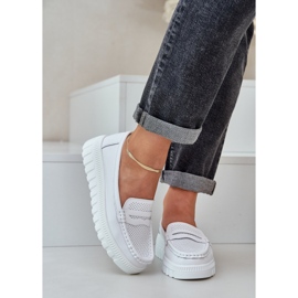 Women's openwork leather loafers on white platform 2