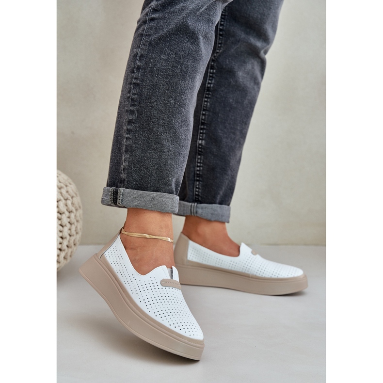 Light openwork leather loafers women's shoes on the platform and white wedges 2