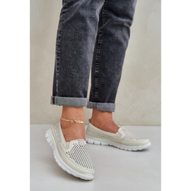 Light leather openwork women's loafers on the platform beige 2