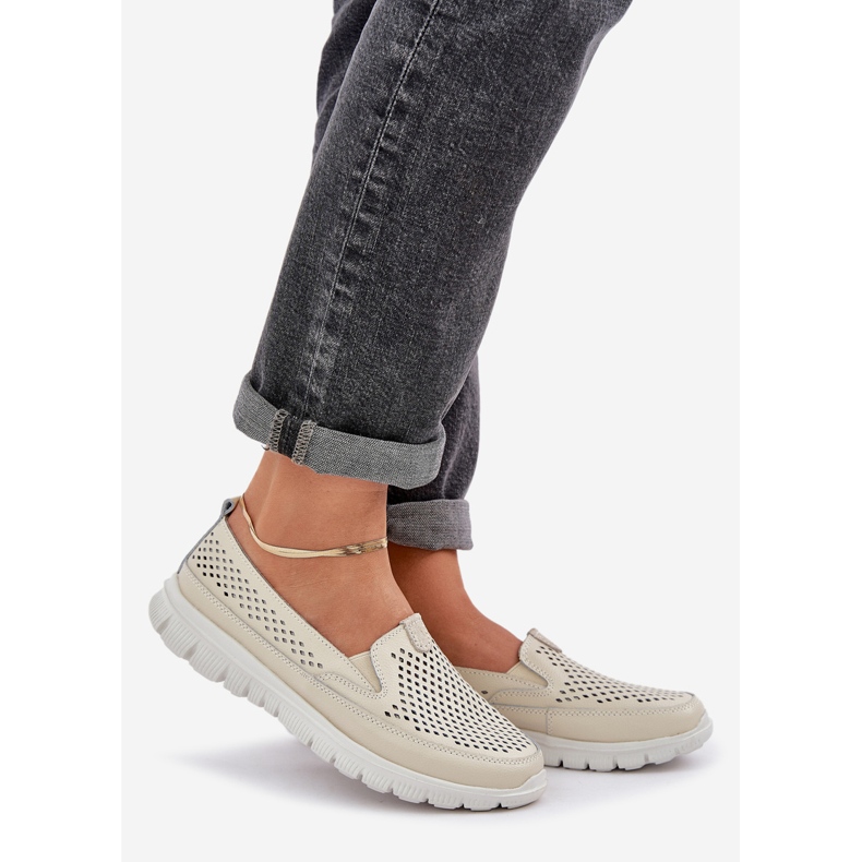 Light leather openwork women's loafers on the platform beige 1