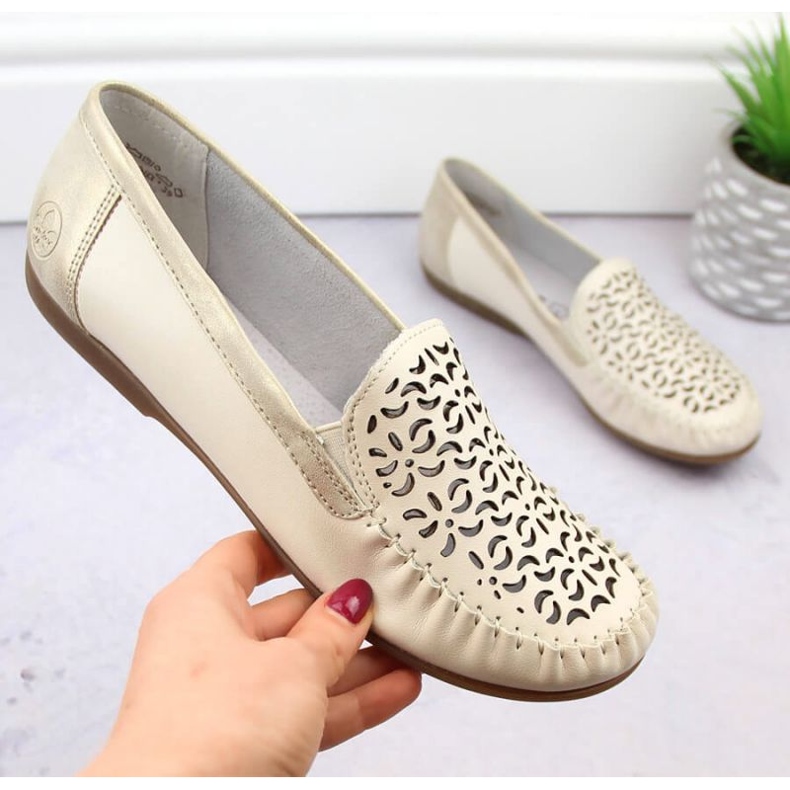 Leather comfortable openwork shoes Rieker W RKR658, beige 2