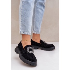 Eco suede women's loafers with a decorative brooch black 2