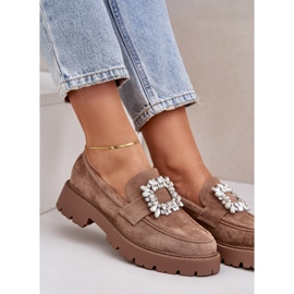 Eco suede women's loafers with a decorative brooch dark beige 2
