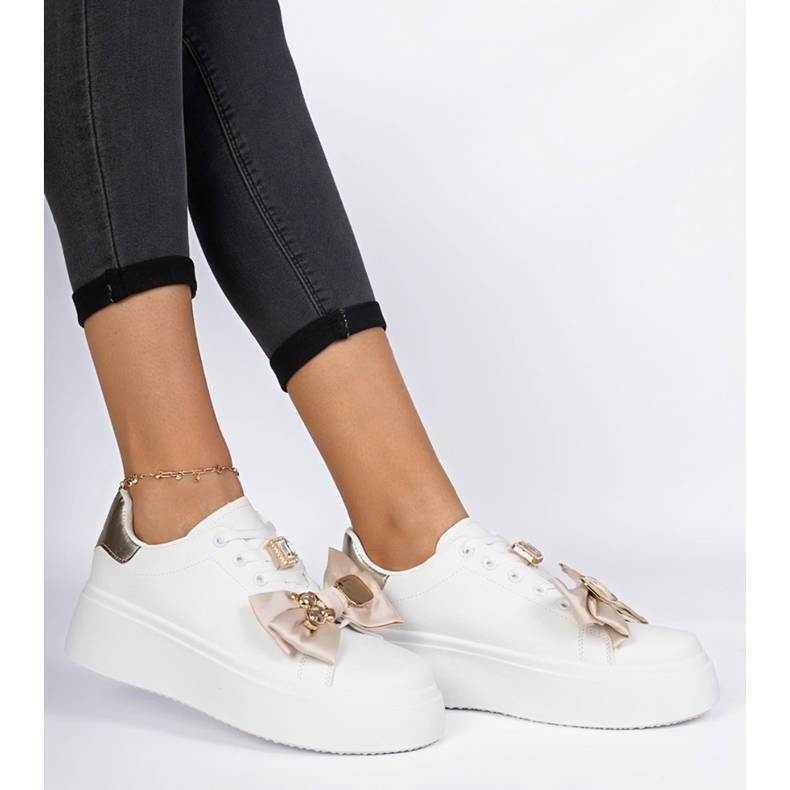 Women's white and gold sneakers with a bow 2