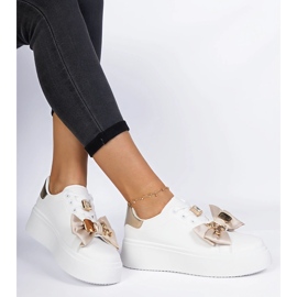 Women's white and gold sneakers with a bow 1
