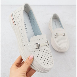 Openwork leather shoes, beige loafers Vinceza 95331 1
