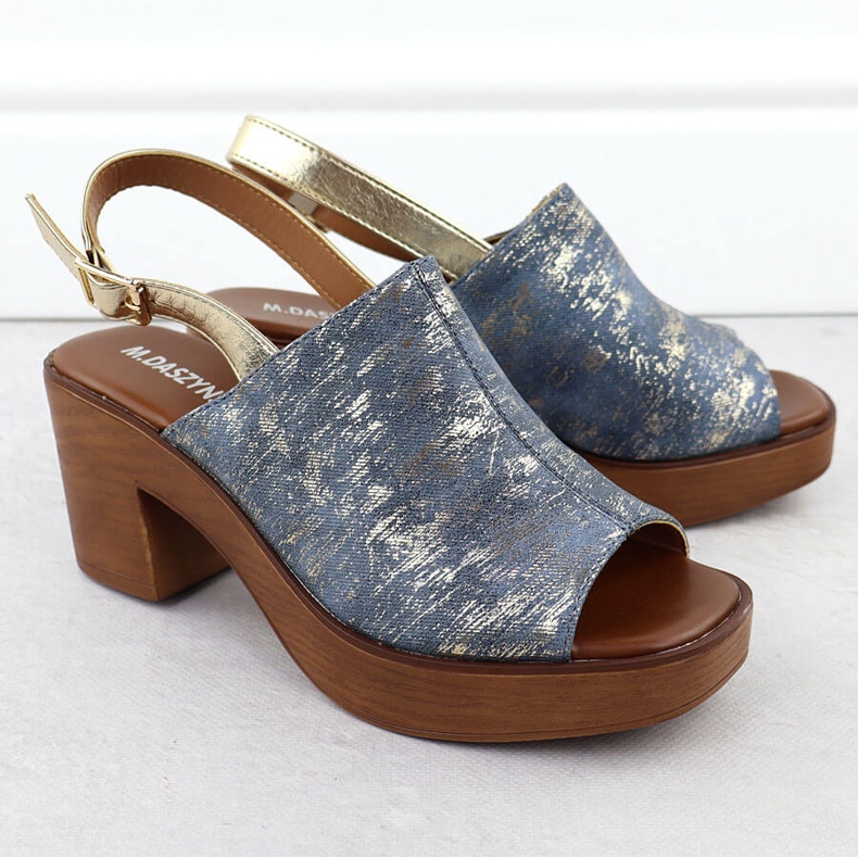 Women's sandals on the pillar, gold-plated M. Daszyński MR23126-7 blue 2