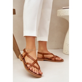 Leather flat sandals with intertwining Zazoo 40429 brown straps 2