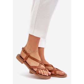 Leather flat sandals with intertwining Zazoo 40429 brown straps 1