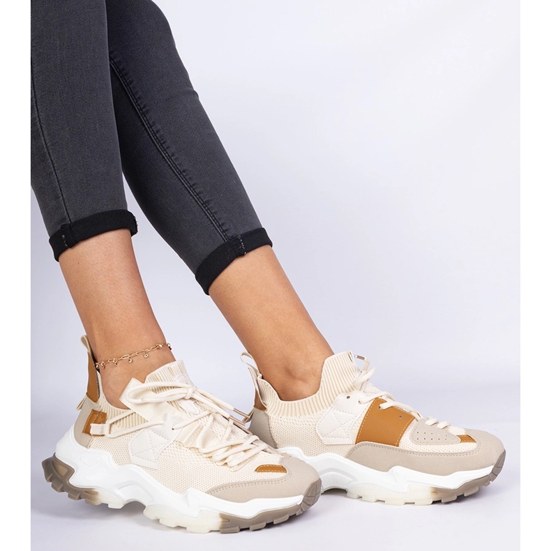Beige women's sneakers with a socking upper 1