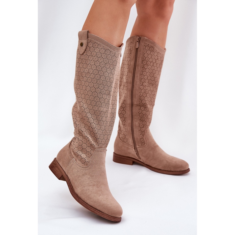 Flat-heeled boots with an openwork pattern s.barski HY51-062 beige 2