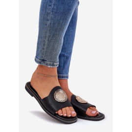 Eco leather flat flip flops with black decoration 1