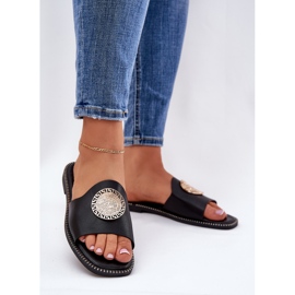 Eco leather flat flip flops with black decoration 2