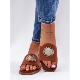 Eco leather flat -heeled flip flops with Camel decoration brown 1