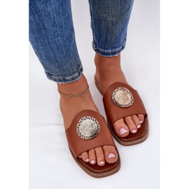 Eco leather flat -heeled flip flops with Camel decoration brown 2