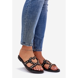 Decorated flat women's black flip flops 1