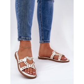 Decorated flat white women's slippers 2