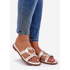 Decorated flat white women's slippers 1