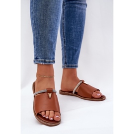 Eco leather flat -heeled flip flops with a decorative Camel strap brown 2