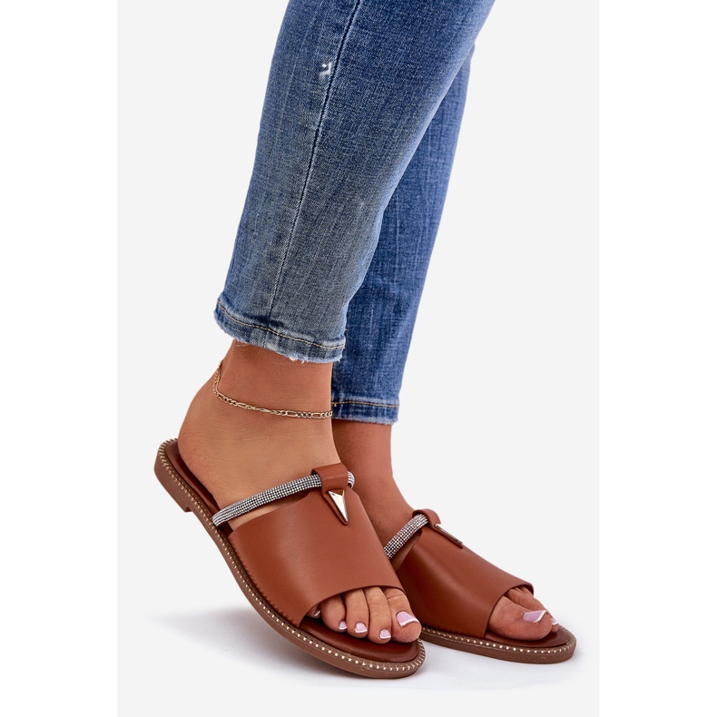 Eco leather flat -heeled flip flops with a decorative Camel strap brown 1