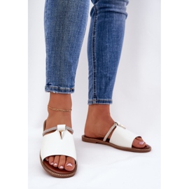 Eco leather flat -heeled flip flops with a decorative strap white 2