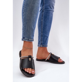 Eco leather flat -heeled flip flops with a decorative strip black strap 2 Eco leather flat -heeled flip flops with a decorative strip black strap 2