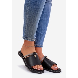 Eco leather flat -heeled flip flops with a decorative strip black strap 1 Eco leather flat -heeled flip flops with a decorative strip black strap 1