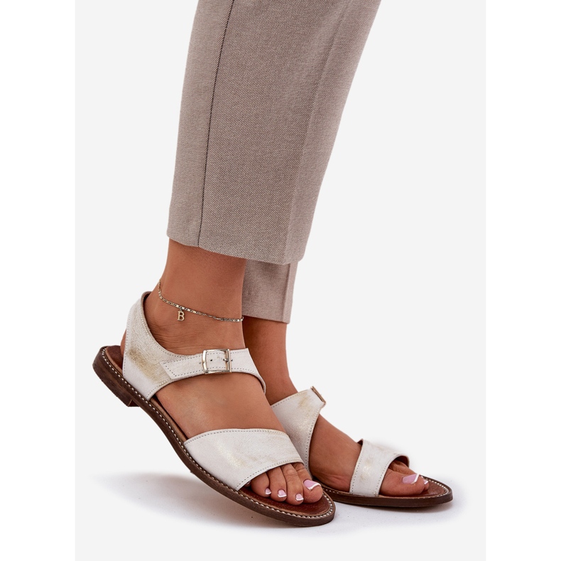 Leather flat women's sandals Zazoo 3014 zloty wiped golden 1