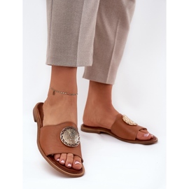 Zazoo 2938 Flat -heeled leather flip flops with Camel decoration brown 2
