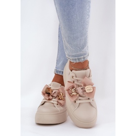 Women's sneakers with a bow and a brooch with a beige teddy bear 2