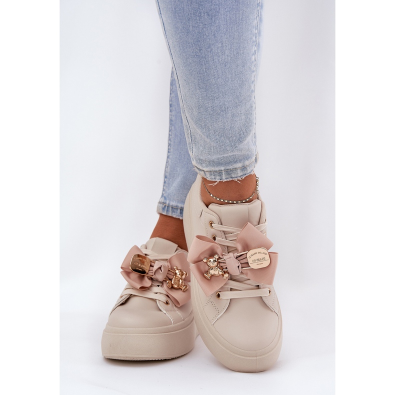 Women's sneakers with a bow and a brooch with a beige teddy bear 2