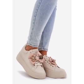 Women's sneakers with a bow and a brooch with a beige teddy bear 1