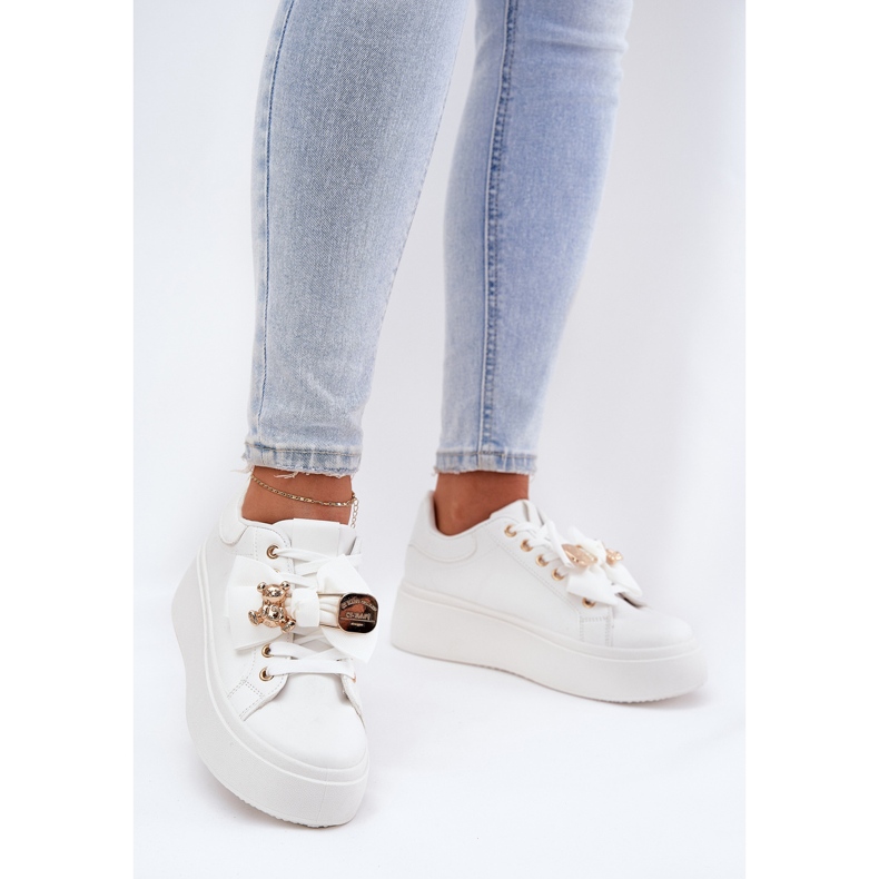 Women's sneakers with a bow and a brooch with a white teddy bear 1
